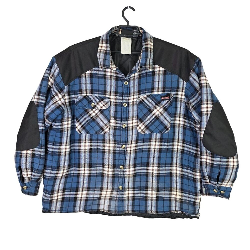 Mens Dickies Quilted Flannel Shirt Jacket Blue Plaid Black Accents Button Up 4XL